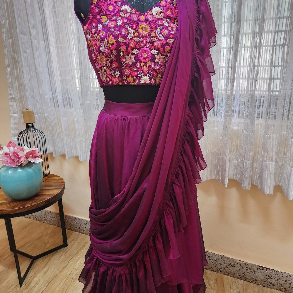 Majenta geo silk ruffled Lehanga - Picture 3 of 4